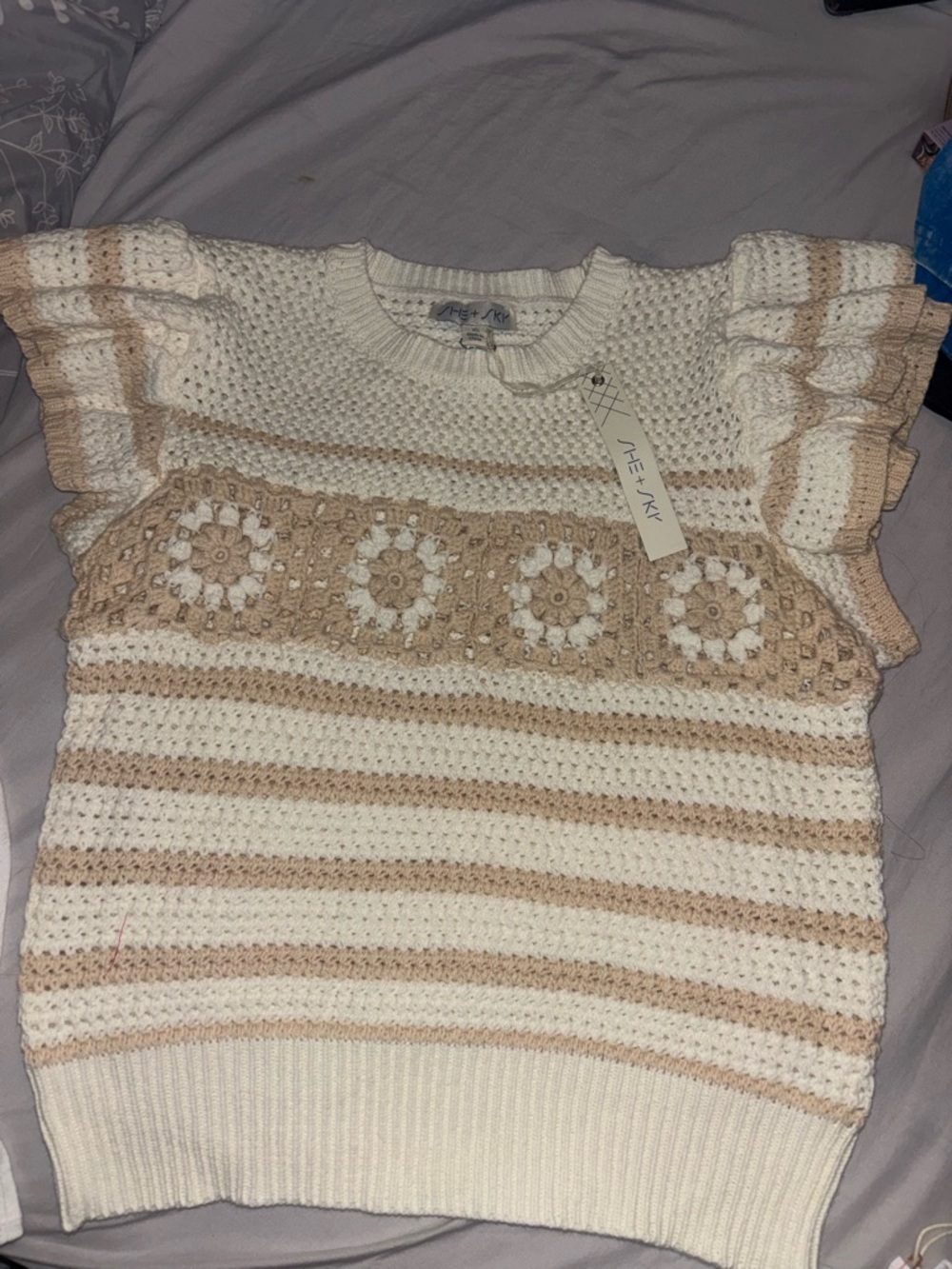She + Sky Cream and Tan Crochet Stripe Flutter Sleeve Sweater Top
